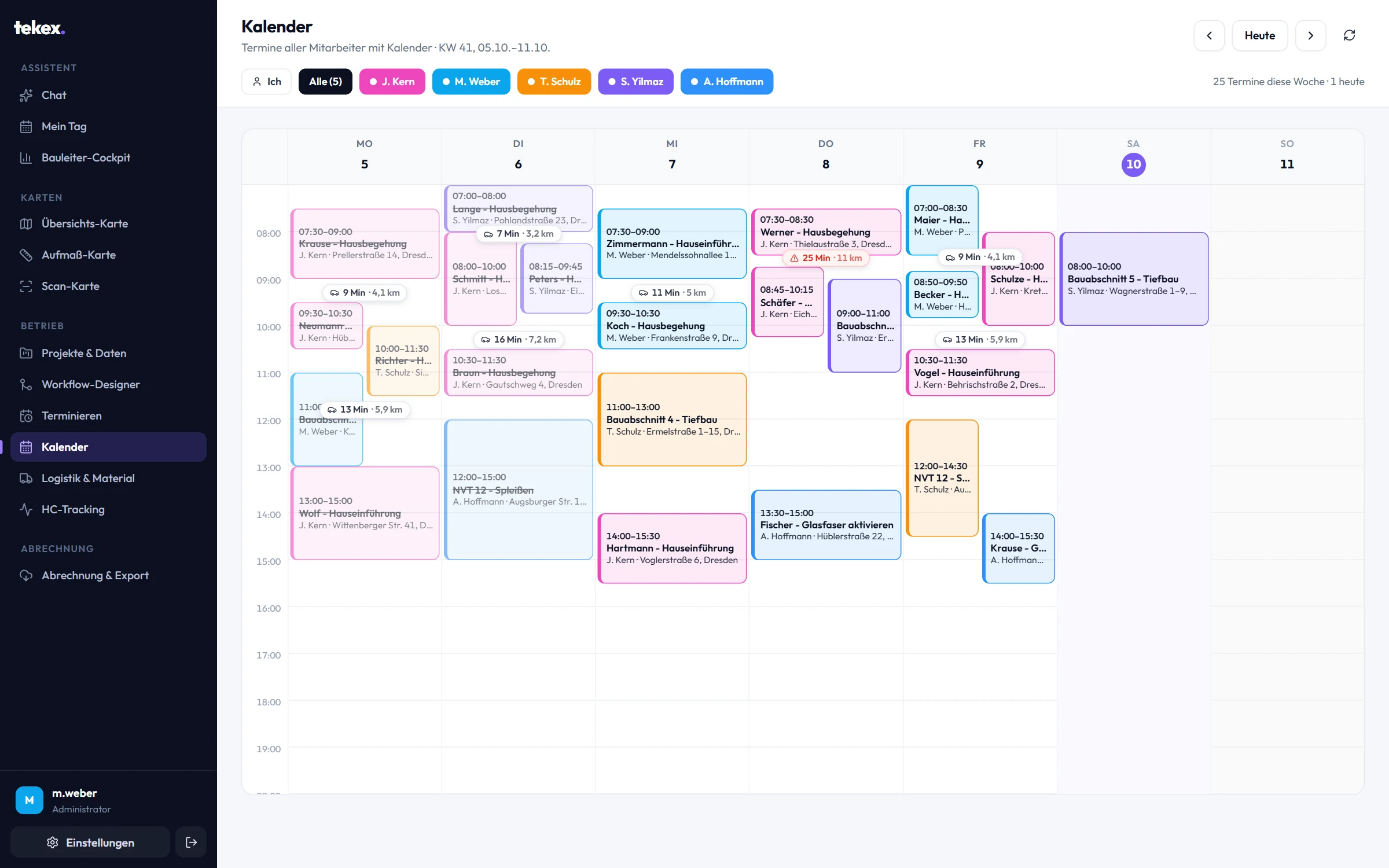 Kalender der Woche: Termine aller Monteure in ihren Farben, Fahrzeiten zwischen den Terminen.