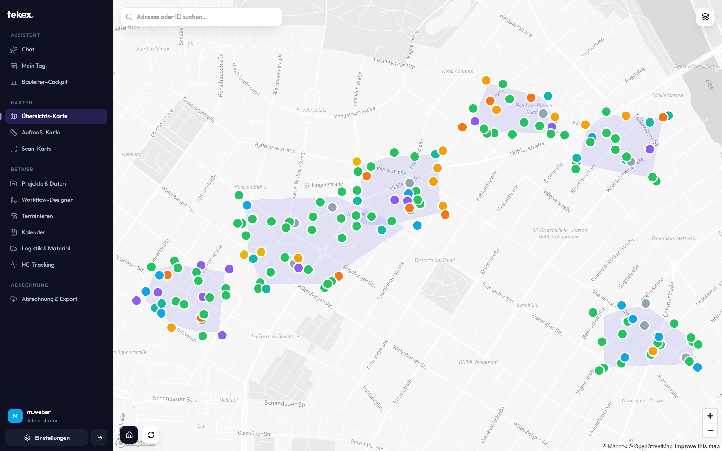 Karte mit Adress-Pins nach Status und automatisch berechneten NVT-Gebieten.
