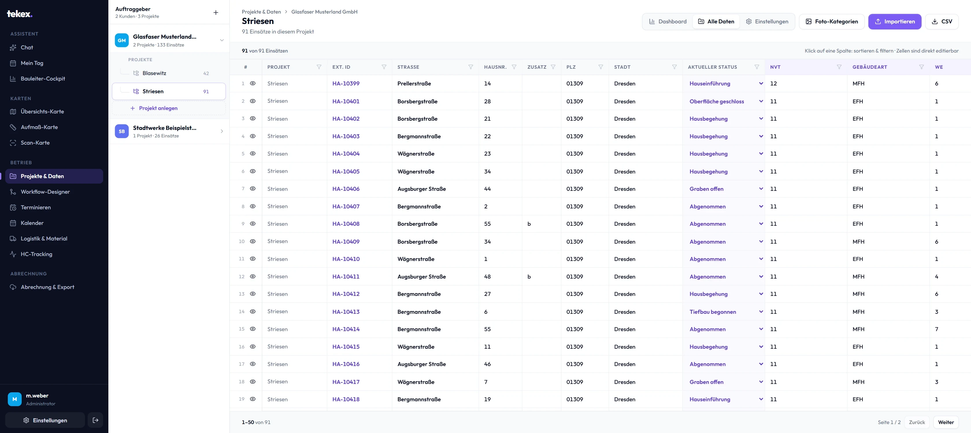 Alle Daten eines Projekts als Tabelle mit Status, NVT, Gebäudeart und Wohneinheiten.