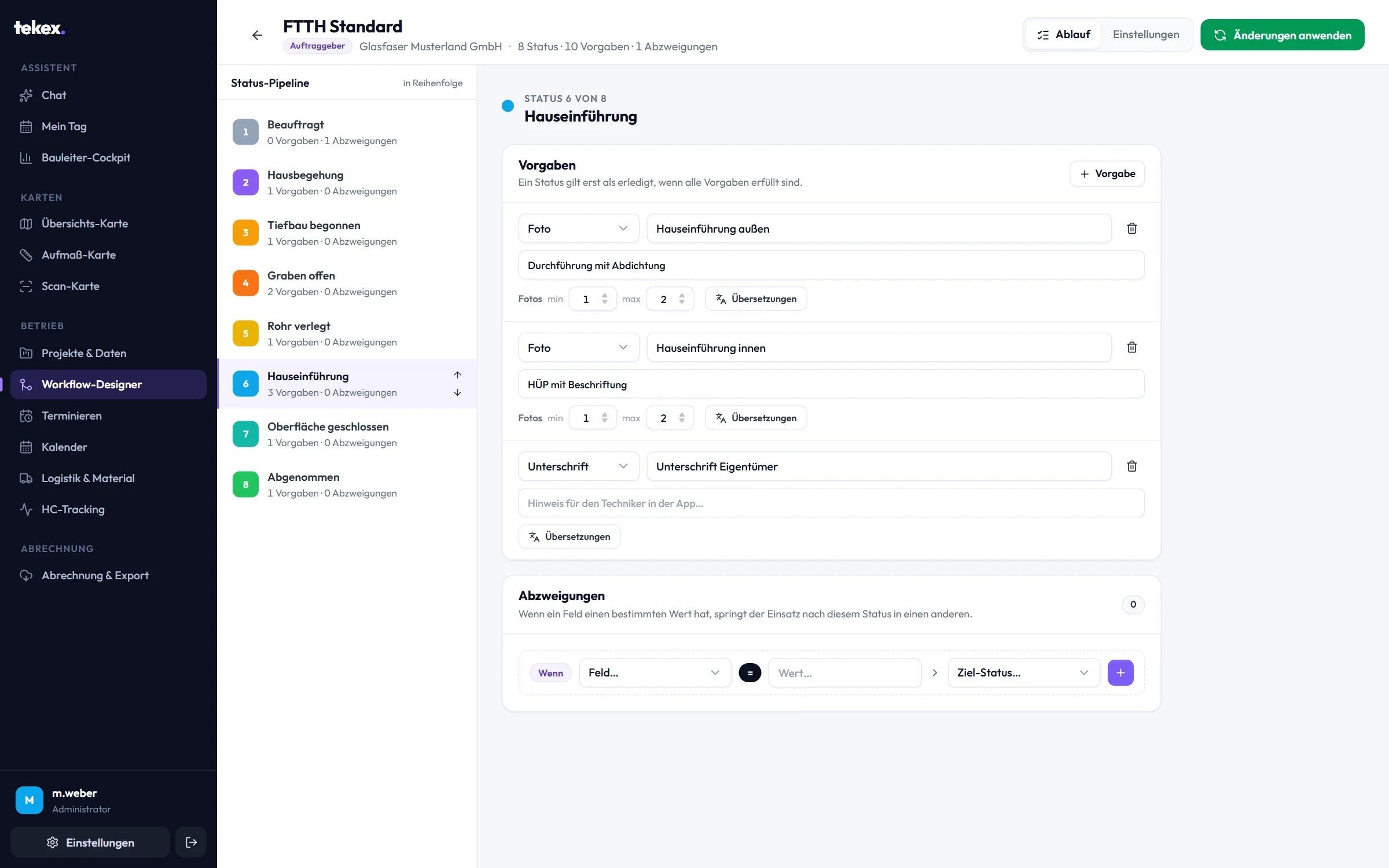 Workflow-Designer: Status-Pipeline und die Foto-Vorgaben der Hauseinführung.